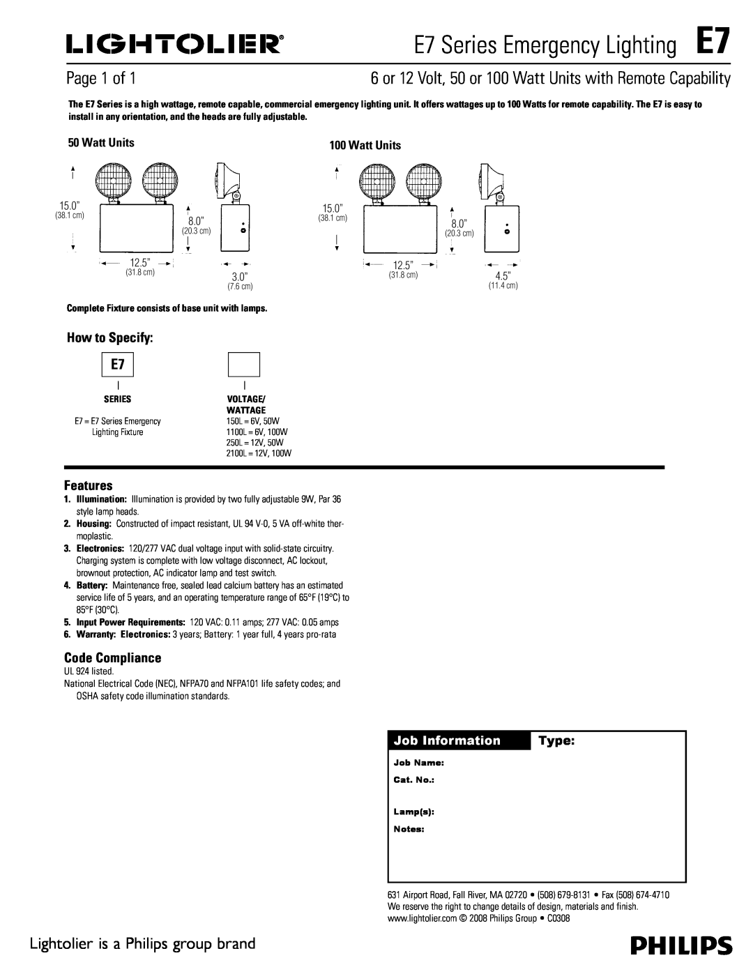 Lightolier warranty E7 Series Emergency LightingE7, Page 1 of, Lightolier is a Philips group brand, How to Specify 